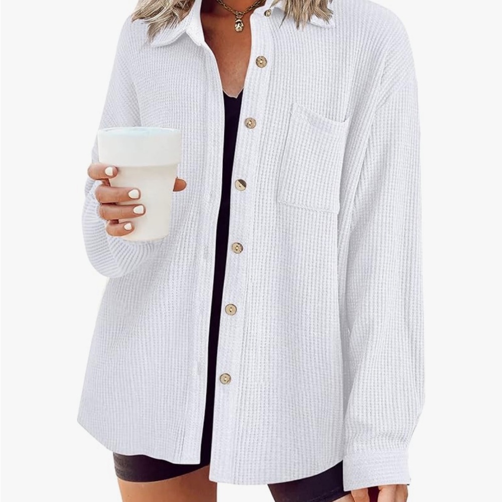 HOTTOUCH M NWT CORDUROY White Button-Up Ribbed TUNIC SHACKET Top - Picture 2 of 9